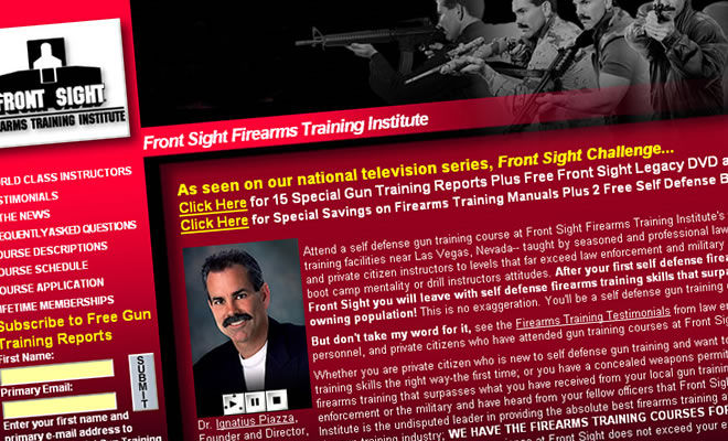 A website with a picture of a man with a gun.