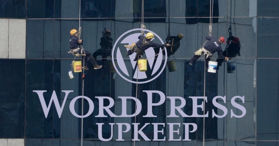 A group of workers are cleaning the windows of a building with the word wordpress upkeep.