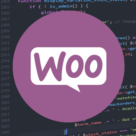The Woocommerce logo over a background of code.