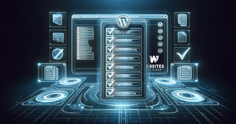 Futuristic interface displaying wordpress website maintenance checklist with holographic screens.